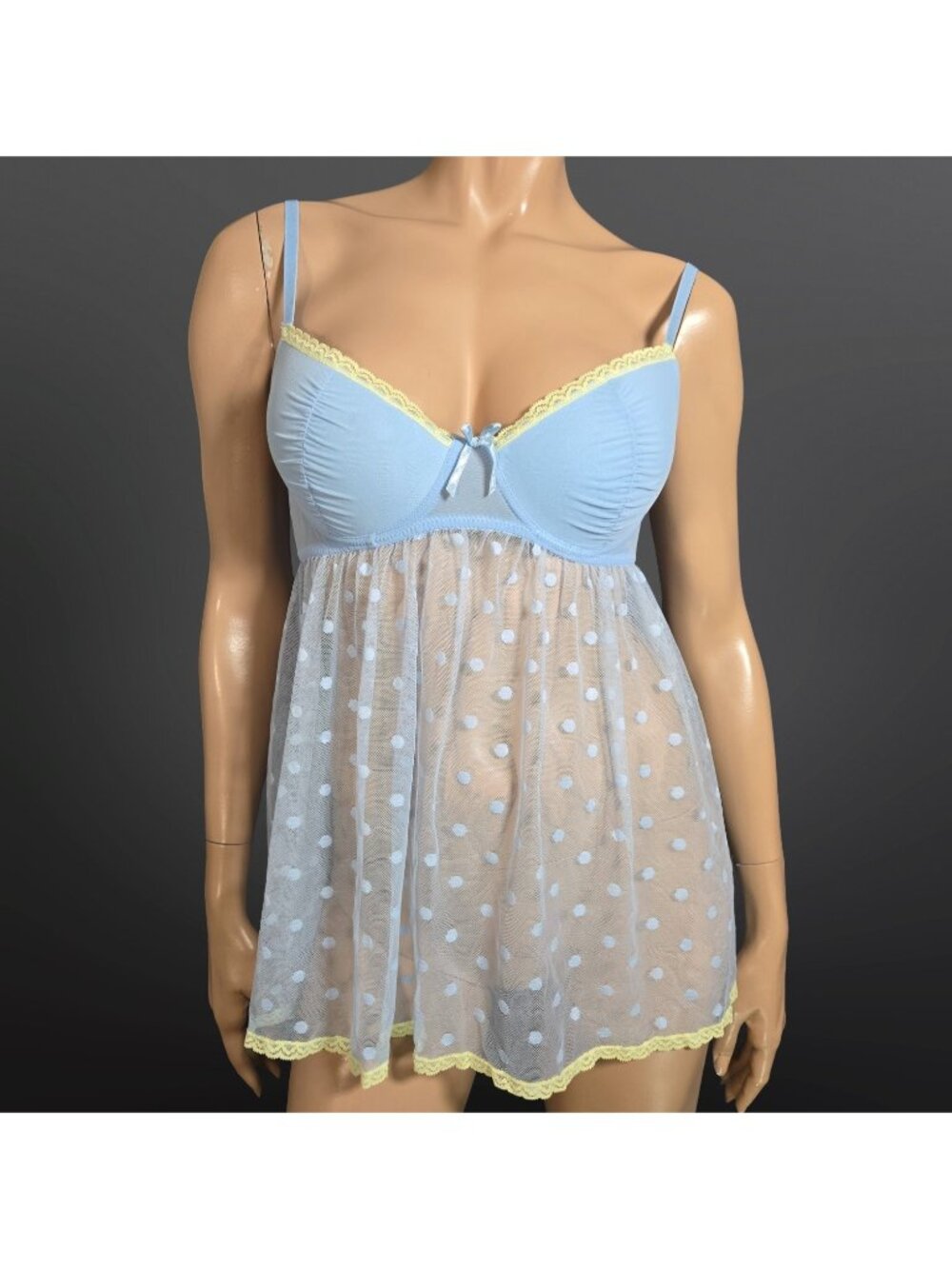 Y2K Deadstock Babydoll Lingerie Top Size M Light Blue Mesh Polka Dot Yellow Lace